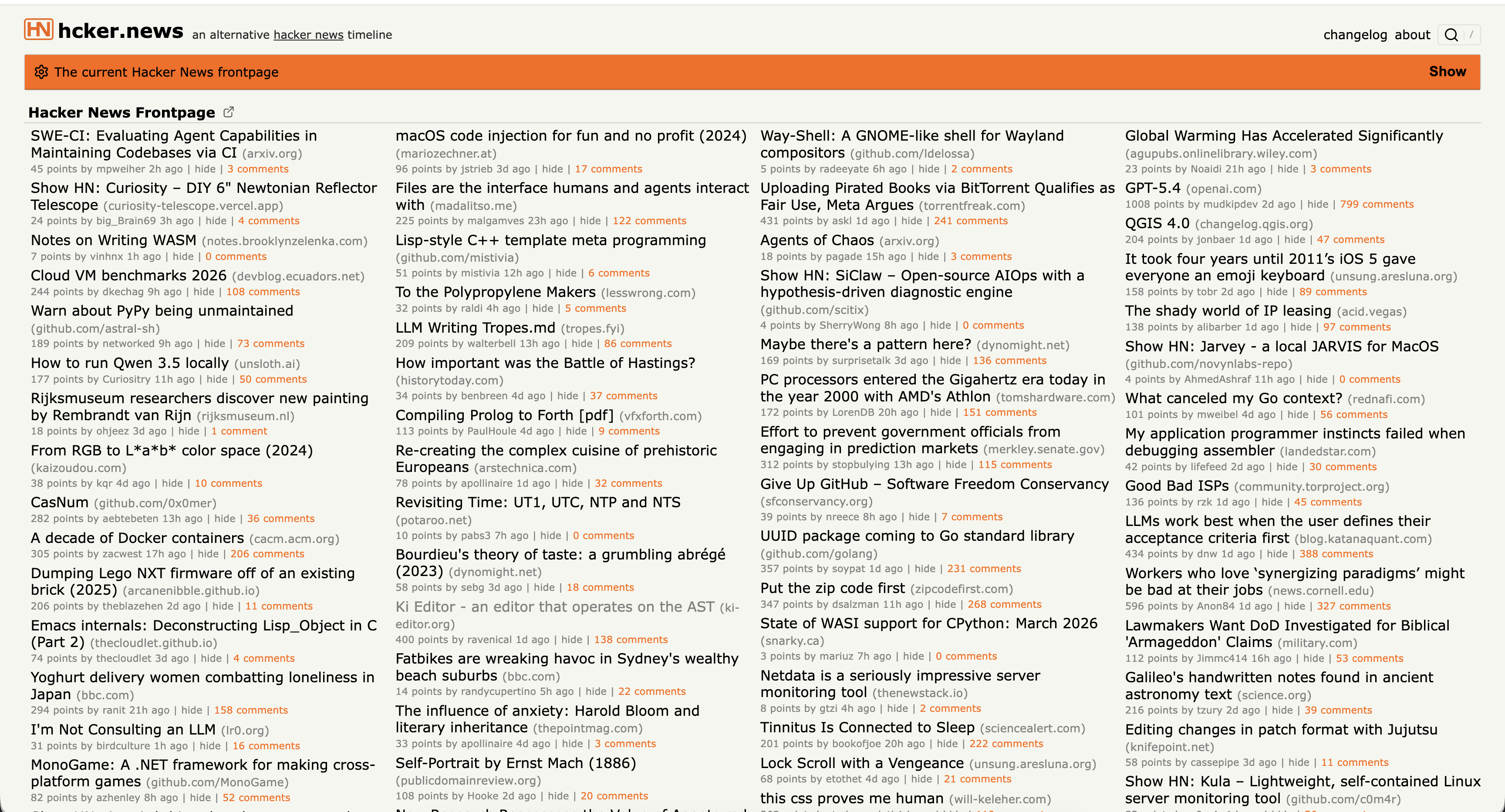 Layout options showing the timeline with column view and dense mode turned on