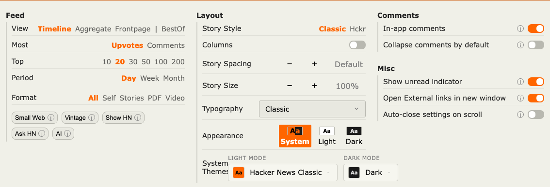 Timeline filter controls showing view mode, period, format, and category filters