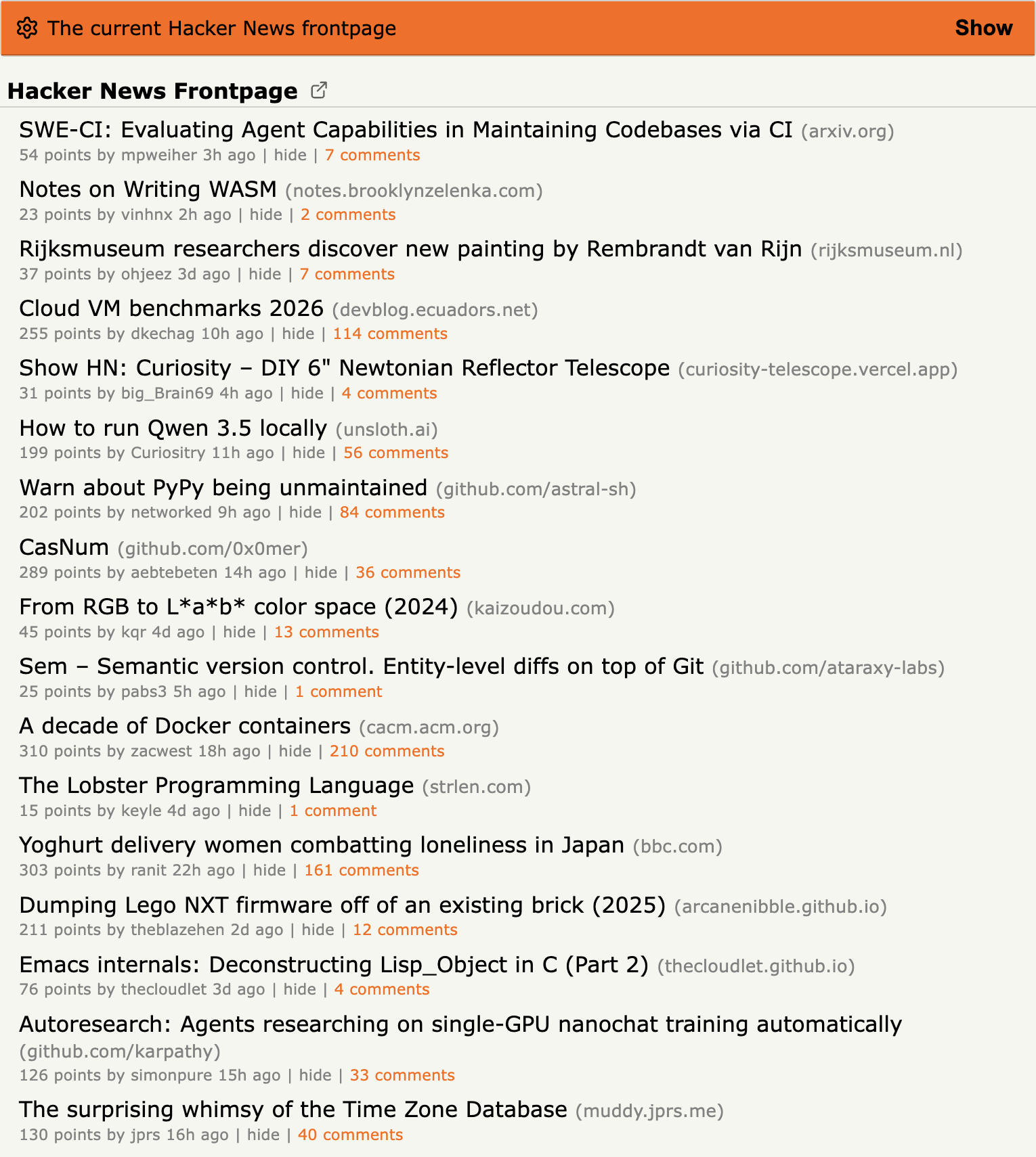 Frontpage view showing the current Hacker News front page