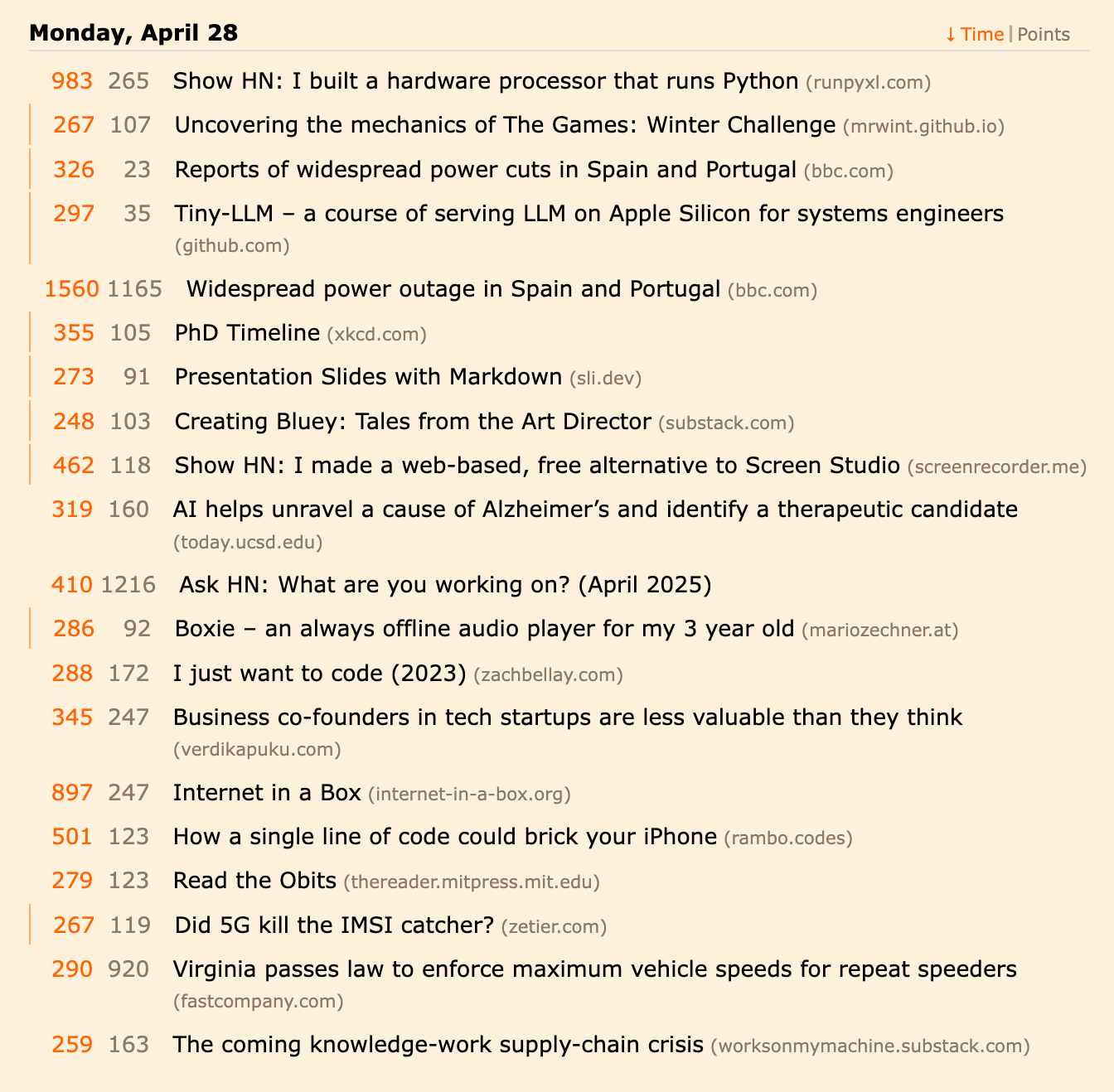 Hckr Layout showing compact story listing with inline metrics