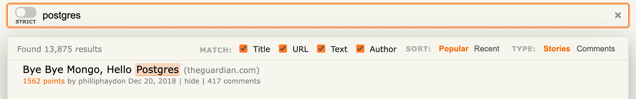 Search results showing story and comment search with highlighted matches
