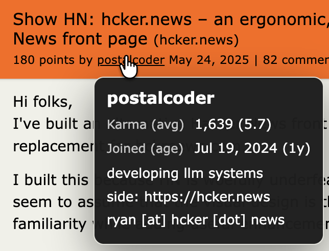 Hacker News user hovercard showing karma, account age, and profile details