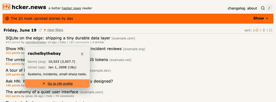 Hacker News profile quick look showing karma, account age, and profile details